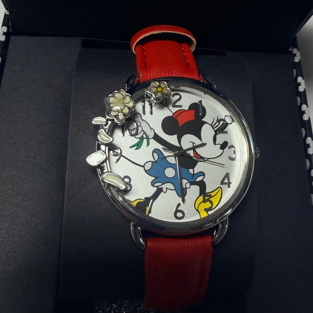 Disney Minnie Mouse Accutime Watch Red Band Floral Charm Analog Womens Quartz
